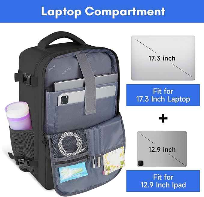 Taygeer Travel Backpack for Men Women, Carry On Backpack with Shoe Pouch, TSA 17.3inch Laptop Mochila Flight Approved, Nurse Bag Casual Daypack for Weekender Business Hiking,Black