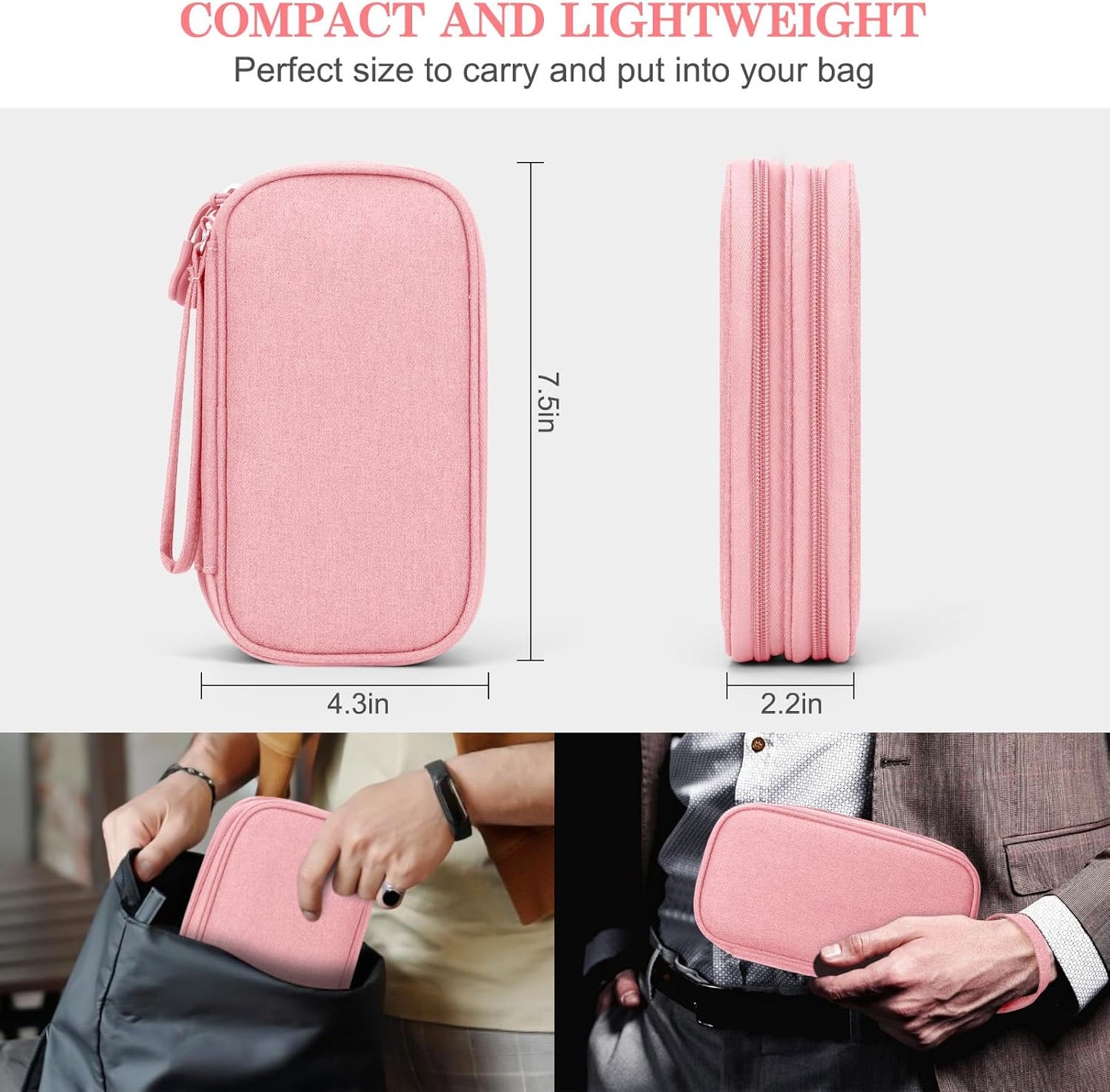 FYY Electronic Organizer, Travel Bag, Pouch, Carry Case Portable Waterproof Double Layers for Cable, Cord, Charger, Phone, Earphone Pink