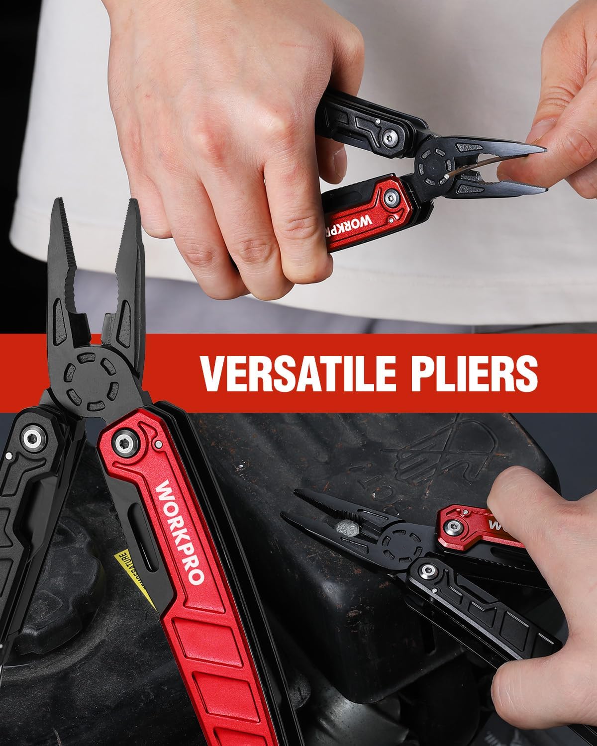 WORKPRO Multitool-11 in 1 Multitool Pliers with Pocket Clip and Sheath-EDC Multi Tool Knives with Safety Lock-Camping Tools Pocket Knife with Screwdriver Saw Blade Wire Cutter and Bottle Opener-Red