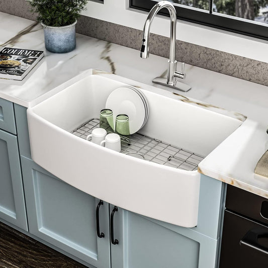 33 White Farm Sink - Fulorni 33"x20" Curved Apron Front Farmhouse Kitchen Sink Ceramic Porcelain Fireclay Single Bowl Farmer Style Basin