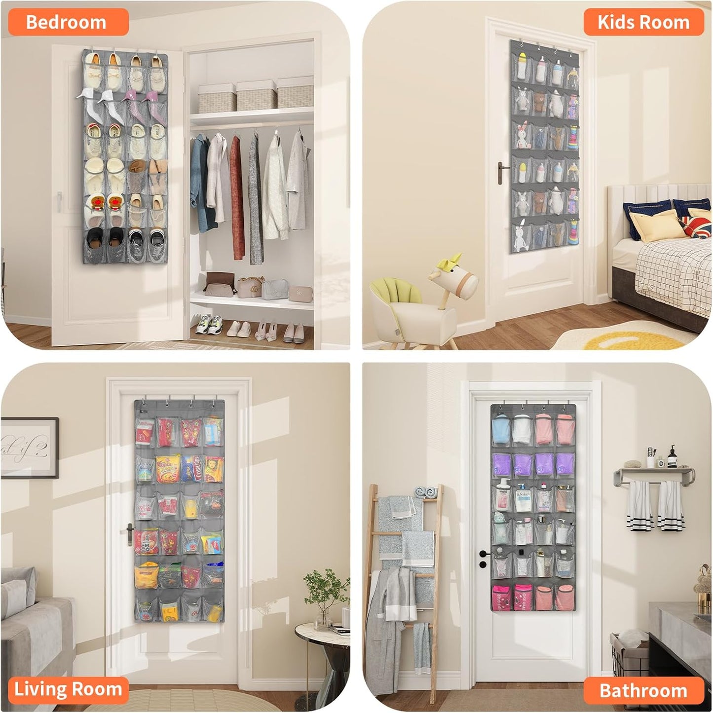 FENTEC 24 Pockets Over the Door Shoe Organizer Hanging Shoe Organizer for Closet, Space Saving Mesh Large Pocket Shoe Storage and Organizer, Shoe Holder for Apartments Garages, Grey 1 Pack