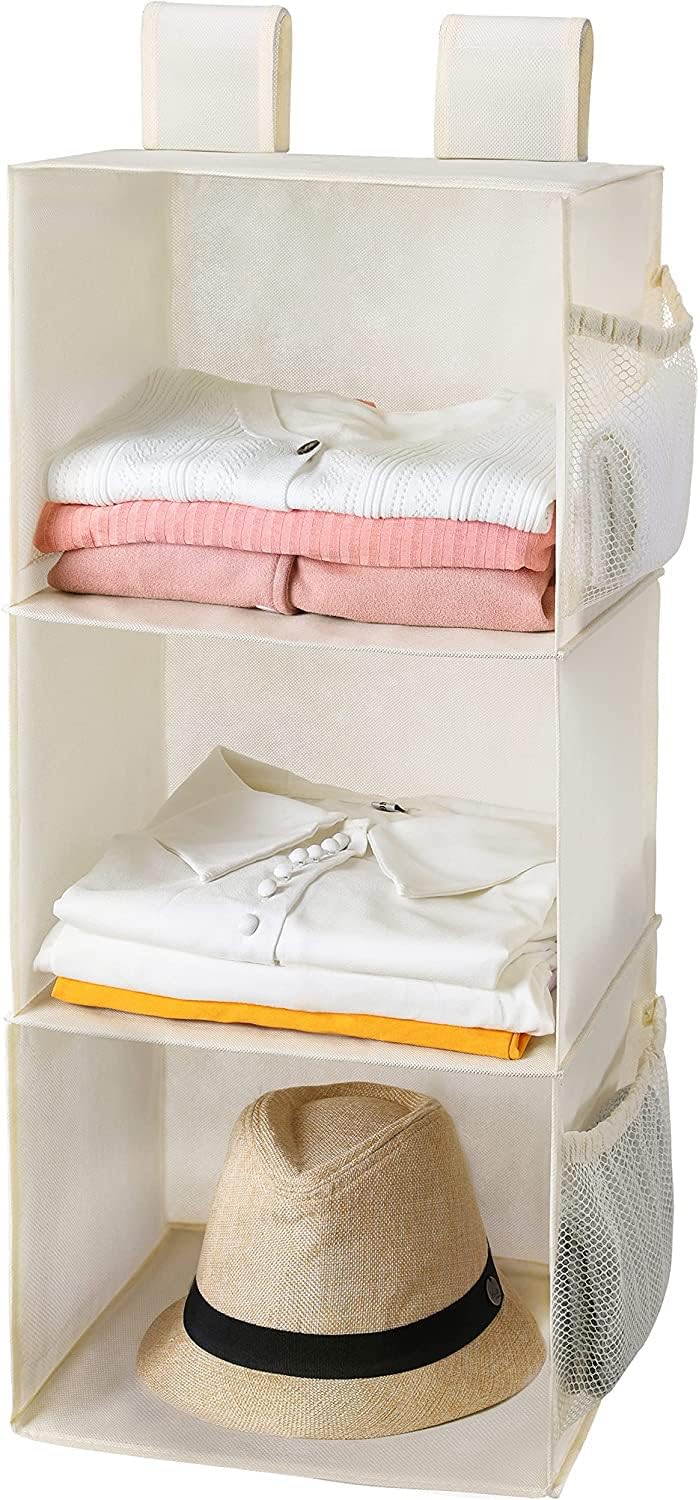 MAX Houser 3-Shelf Hanging Closet Organizers, Collapsible Closet Hanging Shelves for Camper, Nursery Hanging Organizers, Beige, 2-Pack