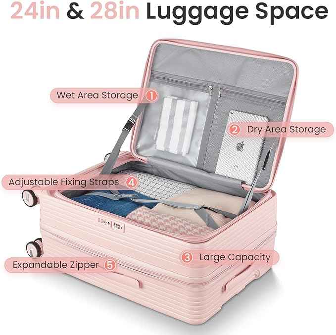 3 Piece Luggage Set 100% PC Hardshell, Front Opening Expandable Suitcase (20/24/28) with Laptop Compartment & Free Custom PVC Covers, Trunk Style Lightweight Spinner Wheels TSA Lock (Pink)