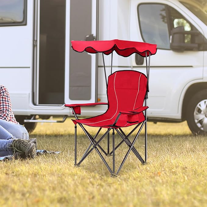 Goplus Camping Chair with Canopy Shade, Folding Lawn Chair with Umbrella Cup Holder & Carry Bag, Portable Sunshade Chair for Adults for Beach Outdoor Travel Hiking Fishing (Red)