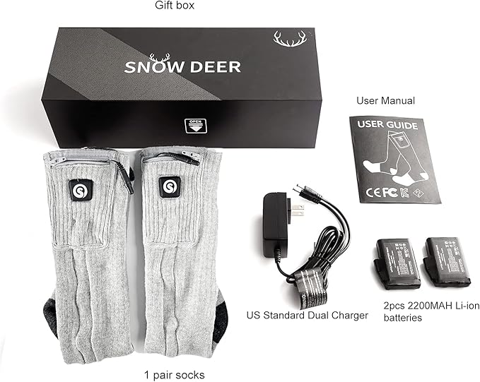 SNOW DEER Upgraded Rechargeable Electric Heated Socks,7.4V 2200mAh Battery Powered Cold Weather Heat Socks for Men Women,Outdoor Riding Camping Hiking Motorcycle Skiing Warm Winter Socks