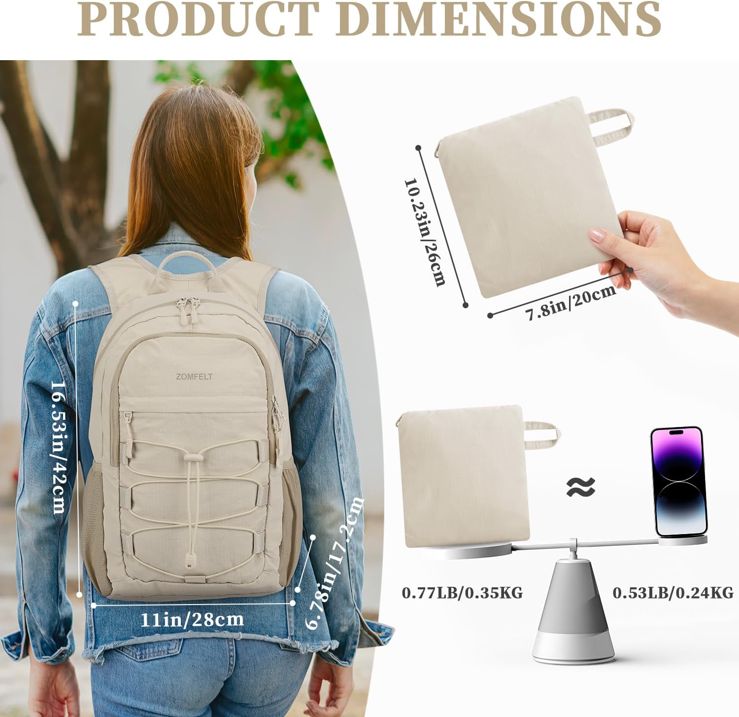 ZOMFELT Hiking Backpack for Women Men, 20L Lightweight Packable Backpacks for Trip, Water Resistant Small Travel Backpack, Foldable daypack for Hiking, Walking, Cycling, Camping, Beige - Roamly