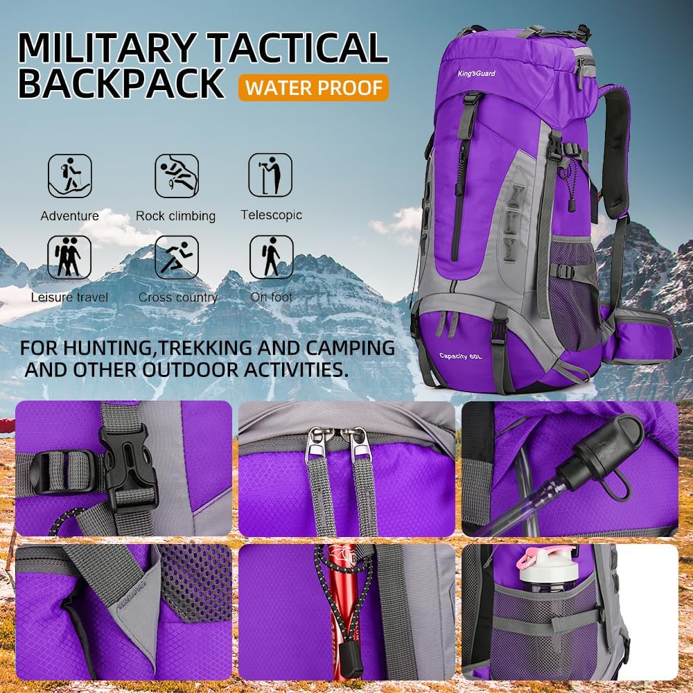King'sGuard 60L Hiking Backpack Lightweight Camping Backpack with Rain Cover Large Waterproof Packable Outdoor Trekking Travel Backpack for Men Women (Purple) - Roamly