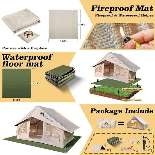 Inflatable Camping Tents 8-10 Person,129 Square Feets Large Inflatable Camping Tent with Stove Jack,Blow up Tent with Mesh Windows & Pump