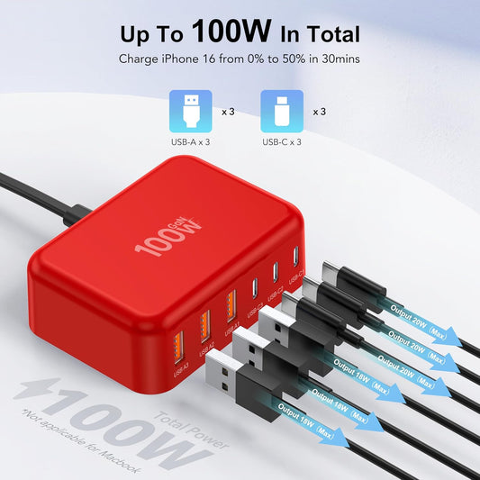 USB C Fast Charger 100W GaN 6 Port Type USB C Charging Station Hub Block Wall Charger Power Strip Adapter Plug Cube Brick 3 USB A for iPad iPhone16 15 14 13 12 11 Pro Max