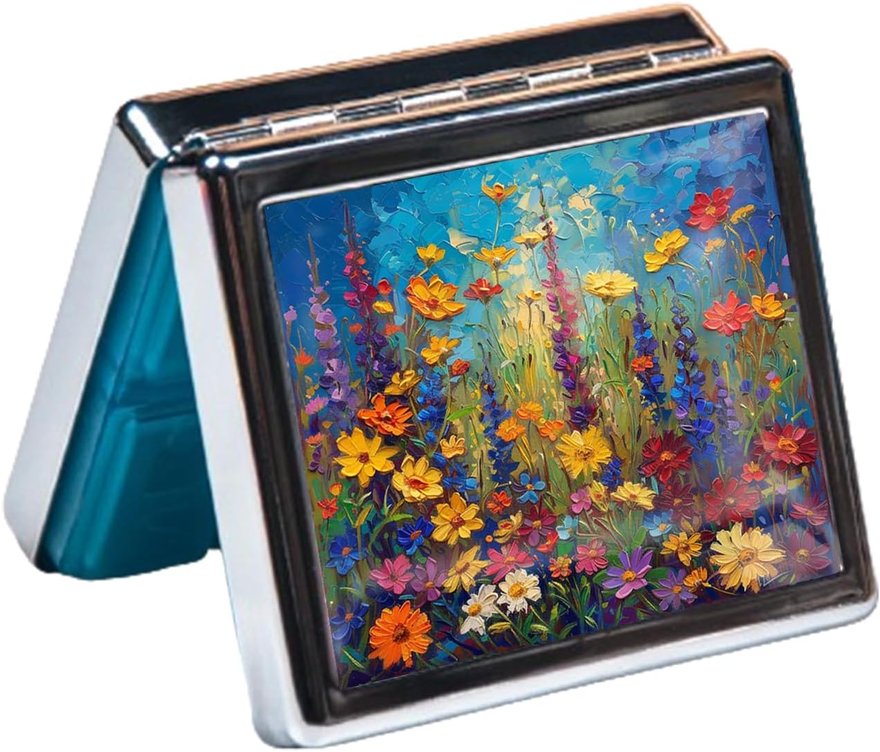 Cute and Portable Metal Pill Organizer – 8 Compartments, Elegant Chrome Finish, Ideal for Travel and Daily Use (Vibrant Wildflowers)