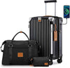 Joyway 20in Carry On Luggage with Cup Holder and USB Port, 25% Expandable Capacity, Smart Suitcase with Anti Slip Wheels and Handbag, Perfect for Men and Women 3 Piece Set Black