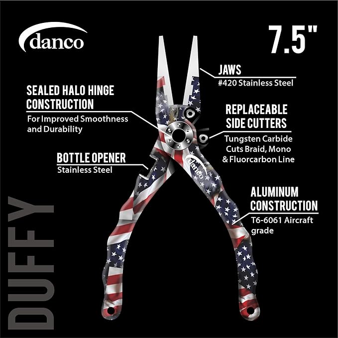 danco duffy 7.5-inch Fishing Pliers with Replaceable Line Cutters, Aircraft Grade Aluminum Fishing Gear, Saltwater Resistant Fishing Tools, Rubberized Paint Coating (USA)