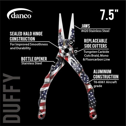 danco duffy 7.5-inch Fishing Pliers with Replaceable Line Cutters, Aircraft Grade Aluminum Fishing Gear, Saltwater Resistant Fishing Tools, Rubberized Paint Coating (USA)