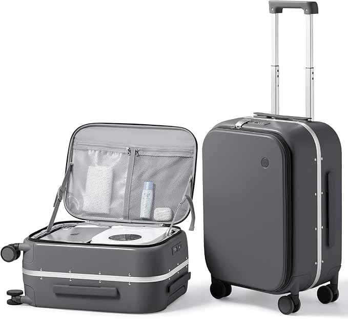 mixi 20 Inch Carry On Luggage 22x14x9 Airline Approved PC Hard Shell Suitcase Top Opening Aluminum Frame Travel Suitcases with Wheels, Rock Gray