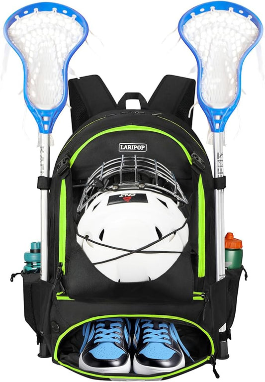 LARIPOP Lacrosse Bag Extra Large Backpack with Stick Holders & Helmet Compartment for Men Women Youth