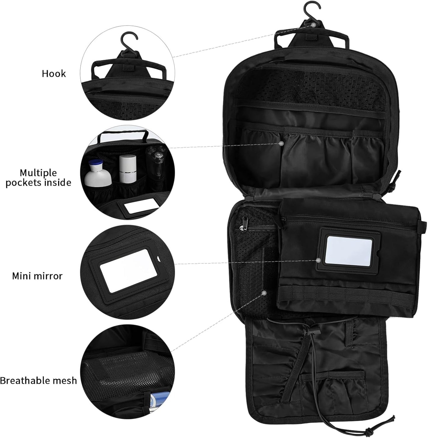 Travel Toiletry Bag for Men,Hanging Hook Toiletry Bag, Spacious Portable Organizer Dopp Kit Shaving Bag for Toiletries Makeup Accessories Tactical Essentials - Black - Roamly