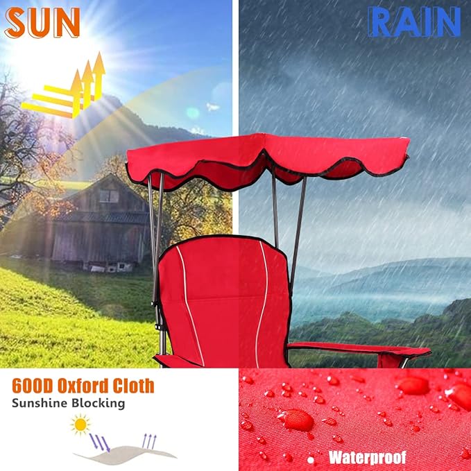 GYMAX Camping Chair, Folding Outdoor Lawn Chair with Canopy, Carry Bag & Cup Holder, Portable Heavy Duty Camp Chair for Outside Travel, Picnic, Beach Soccer Chairs (Red)