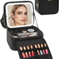 Relavel Makeup Bag with LED Mirror, Travel Makeup Case with Rechargeable Lighted Mirror 3 Color Lights, Dual Layer Cosmetic Box Makeup Brush Lipstick Holder Organizer for Women, Leather Black
