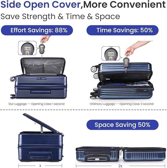 3 Piece Luggage Set 100% PC Hardshell, Front Opening Expandable Suitcase (20/24/28) with Laptop Compartment & Free Custom PVC Covers, Lightweight Spinner Wheels TSA Lock (Navy Blue)