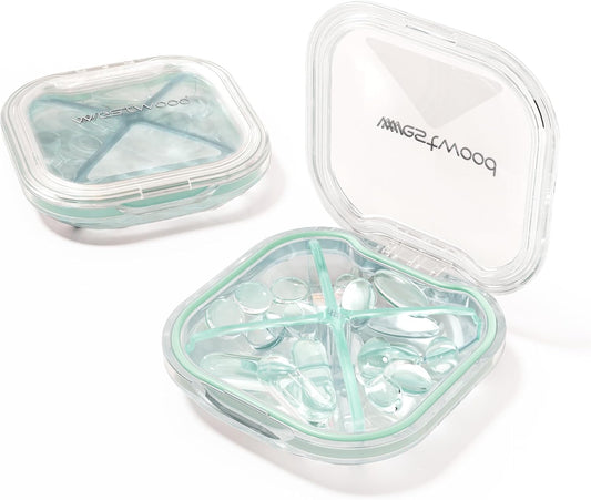 1 Pack Small Green Pill Organizer, 4 Compartments, Compact Stylish Cute Travel Camping Pill Box Daily Medicine Pill Case, Portable and Moistureproof to Store Vitamins, Medication and Supplements