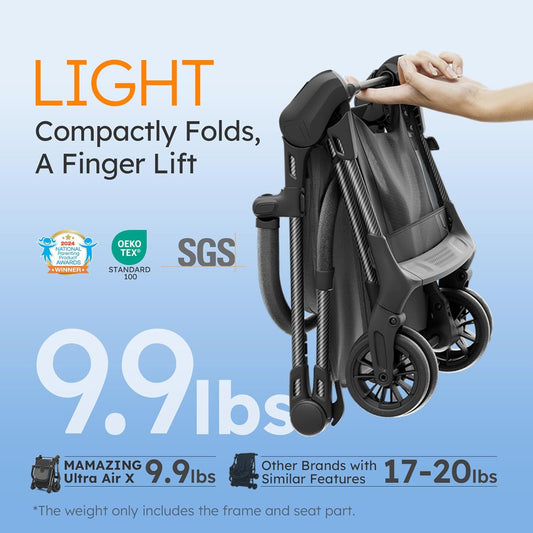 Lightweight Baby Strollers for Airplane, Ultra-Compact Travel Stroller, Light & Strong Portable Toddler Stroller with Carbon Fiber Frame and UPF 50+ Waterproof Canopy, Only 9.9 lbs, Black
