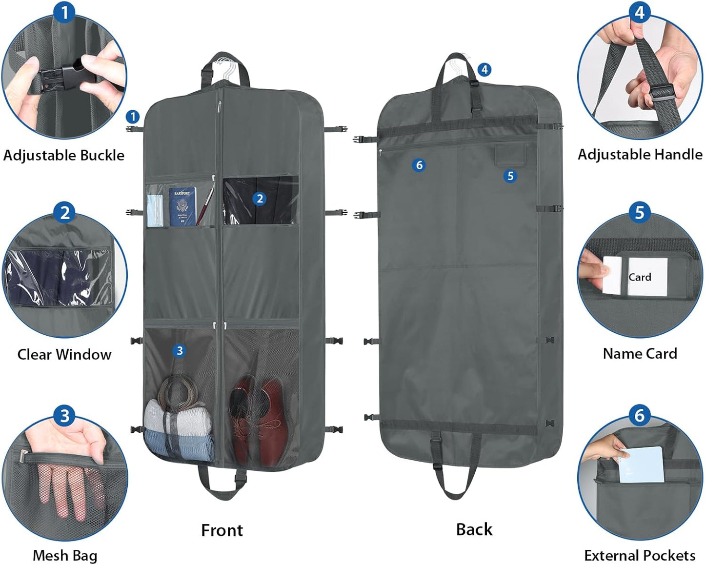 Zilink Upgraded Garment Bags for Travel Hanging Fur Coat Storage Bag Suit Bags for Men Storage with Adjustable Handles and Stable Buckles for Suit Shirts Coats Dresses, Grey