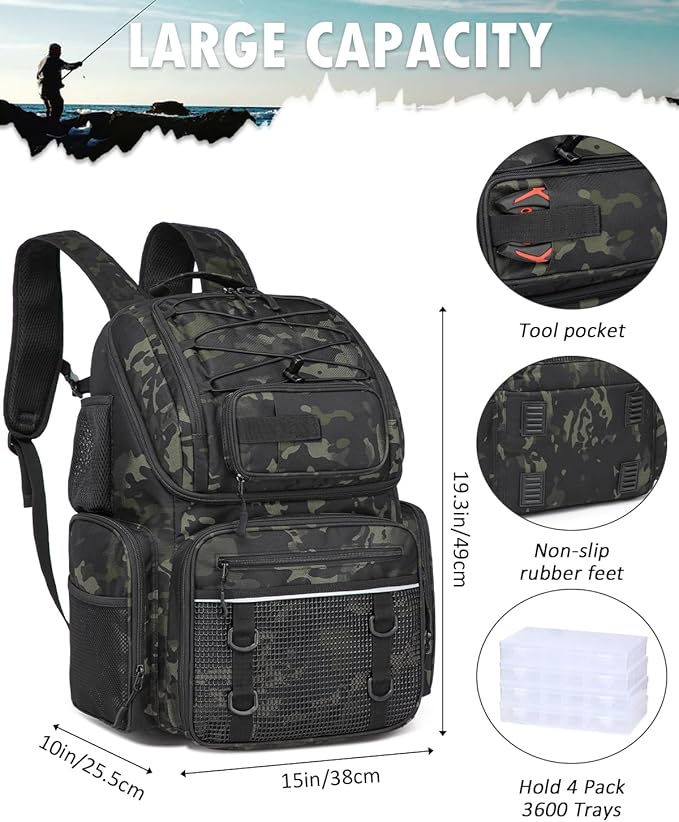 HAMBOLY Fishing Backpack with Tackle Boxes, 50L Fishing Tackle Bag with Cooler & Rod Holders, Waterproof Tackle Bag for Men