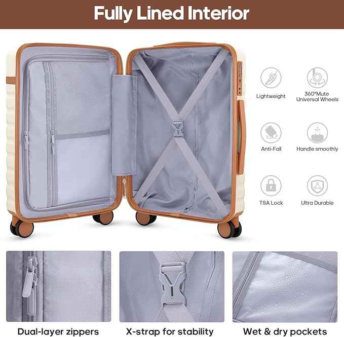 UKEIN Luggage Sets 3 Piece, Carry On Luggage 20In With Spinner Wheels,PC Hardside Suitcase Set with TSA Lock,Durable Carry On Suitcase With Travel Backpack for Men (Cream, 3 piece set (BP/20inch))