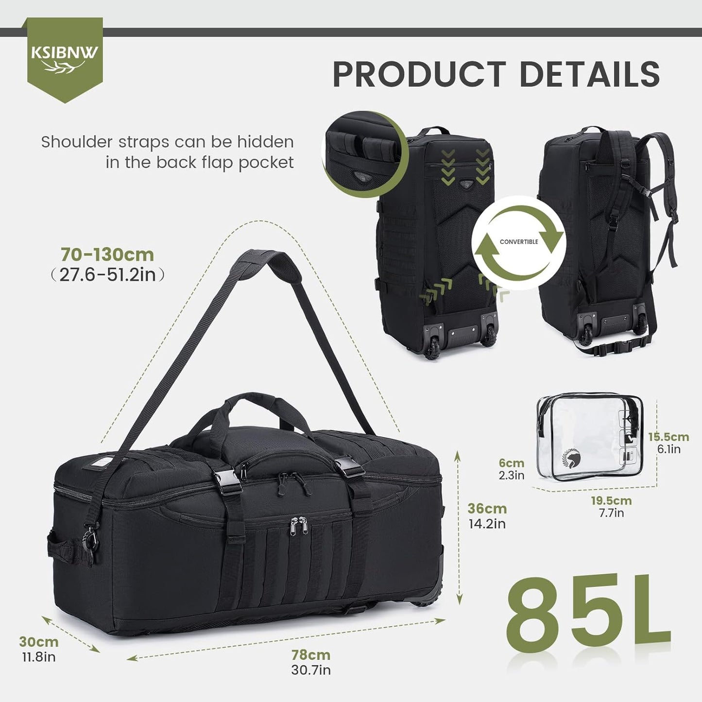 KSIBNW Rolling Duffel Bag with Wheels and Handle, 4 In 1 Tactical 86L Military Backpack with Hidden Straps,Waterproof Wheeled Large Duffle Bag for Travel,Durable MOLLE Luggage for Men & Women, Black - Roamly