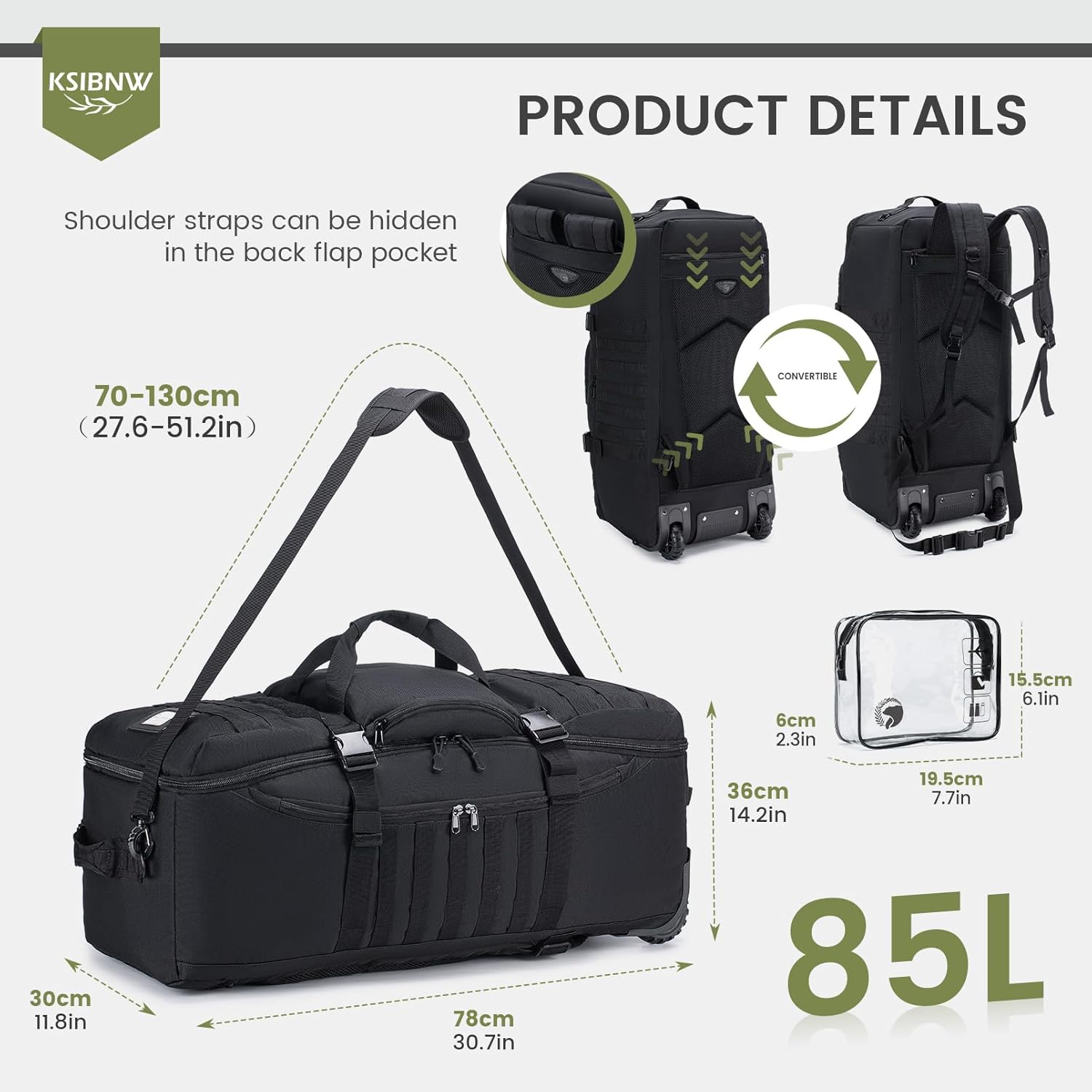 KSIBNW Rolling Duffel Bag with Wheels and Handle, 4 In 1 Tactical 86L Military Backpack with Hidden Straps,Waterproof Wheeled Large Duffle Bag for Travel,Durable MOLLE Luggage for Men & Women, Khaki - Roamly