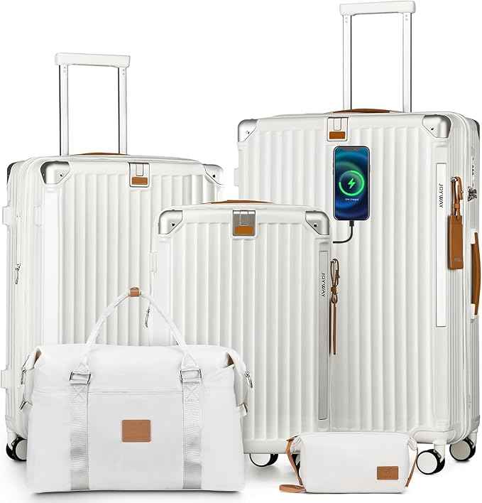 Joyway 5 Piece Luggage Set with Cup Holder, Expandable 25% Capacity, Includes Handbag, Anti Slip Wheels, Hook, Smart Carry On Suitcase for Men and Women, Spinner Travel White