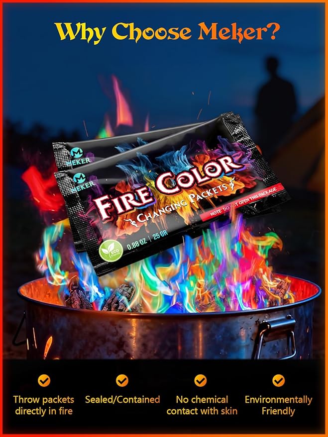 MEKER Fire Color 6 Pack & Fire Starter 32 Cube Set, Fire Color Changing Packets - Safe for Indoor Use, Fire Pit, Campfires, Outdoor Fireplaces, Bonfire, Perfect Fire Camping Accessories for Kids