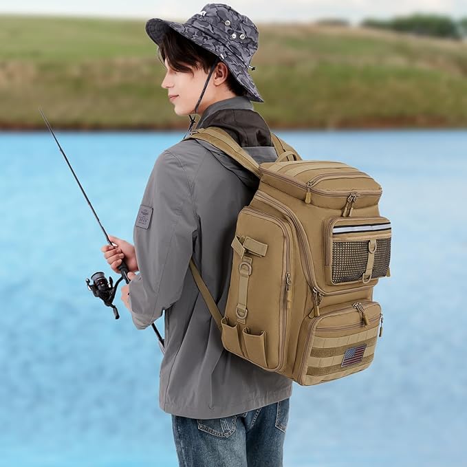 HAMBOLY Fishing Backpack with Rod Holders, 40L Tackle Box Backpack for Fishing Gear, Waterproof Fishing Bag for Men