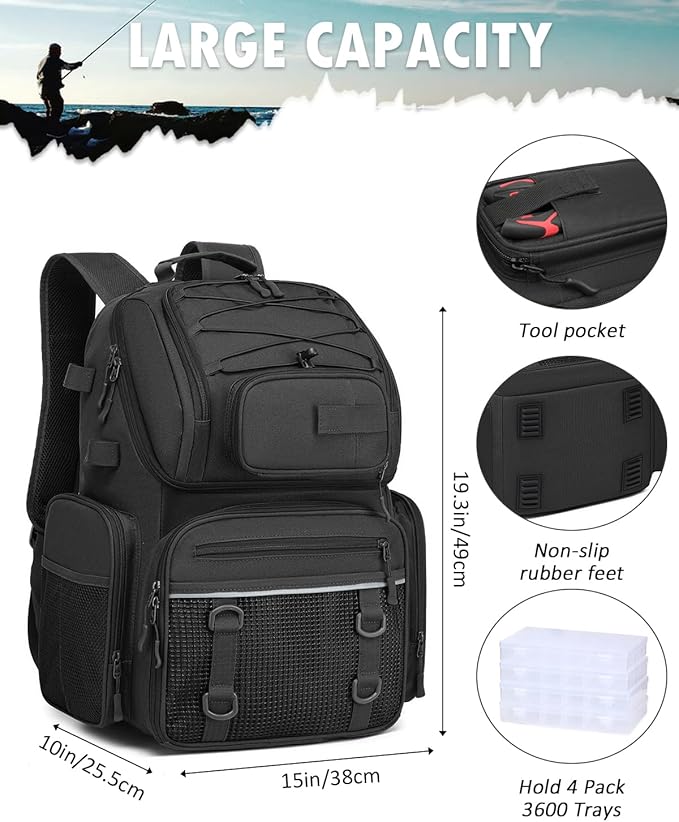 HAMBOLY Fishing Backpack with Tackle Boxes, 50L Fishing Tackle Bag with Cooler & Rod Holders, Waterproof Tackle Bag for Men