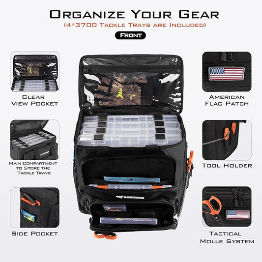 KastKing Karryall Fishing Tackle Bags with 4 * 3700 Tackle Trays, Fishing Bags for Saltwater or Freshwater Fishing - Fishing Gear Storage, Black
