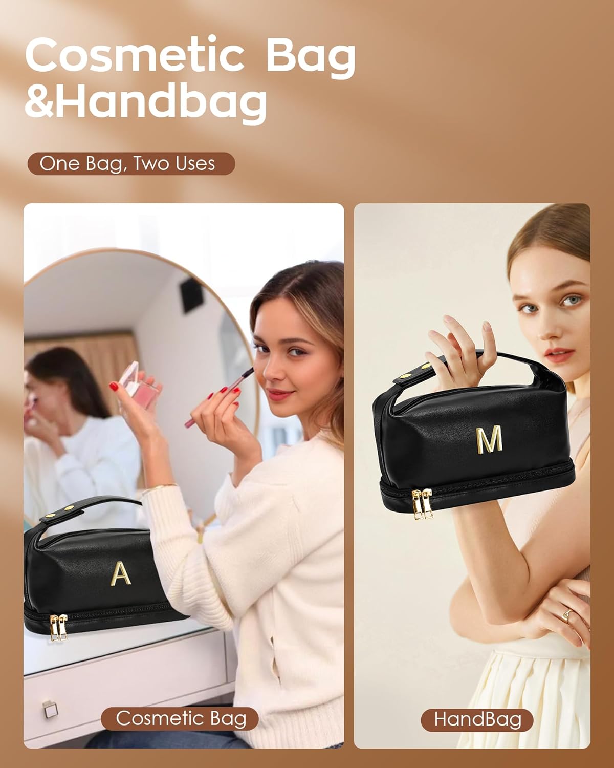 Young Women Gifts, Personalized Makeup Bag with Handle, Cool Gifts for Her Cosmetic Bag with Makeup Brush Organizer, PU Leather Travel Toiletry Bag, Gifts for Friends Female Mom - Roamly