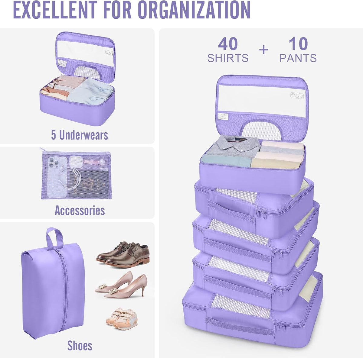 Veken 10 Set Packing Cubes for Travel Essential, Suitcase Organizer Bags in 4 Sizes, Carry-On Luggage Accessories with Large Laundry & Hanging Toiletry Bag, Must-Have for Airplane, Road Trip & Camping - Roamly