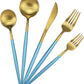 Gugrida Blue Handle Matte Gold Silverware Set - 5-Piece 18/10 Stainless Steel Satin Finish Flatware, Kitchen Utensils, Tableware Travel Cutlery for Camping, Office, School Lunch - Dishwasher Safe
