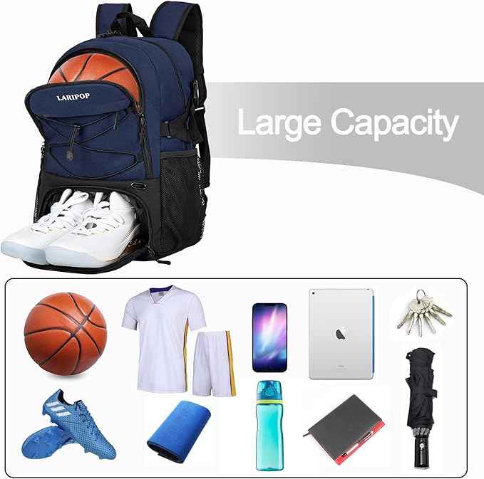 LARIPOP Basketball Bag, Sports Backpack with Ball Holder & Shoe Compartment, Water Resistant Gym Bag for Soccer Volleyball Travel