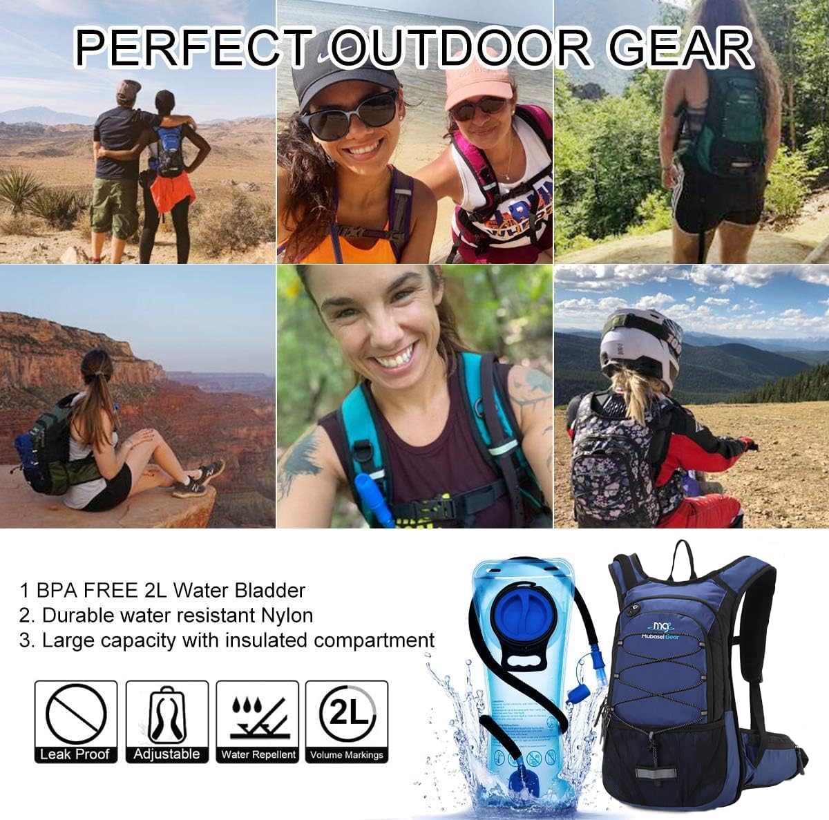 15L Insulated Hydration Backpack Pack with 2L Water Bladder Lightweight Hiking Backpack Bag for Women Men Daypack for Hiking Running Festival Camping Biking - Roamly