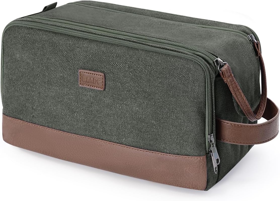 WANDF Toiletry Bag for Men Travel Toiletry Organizer Canvas and Leather Dopp Kit Water-Resistant Shaving Bag for Travel Accessories (Green, Large) - Roamly