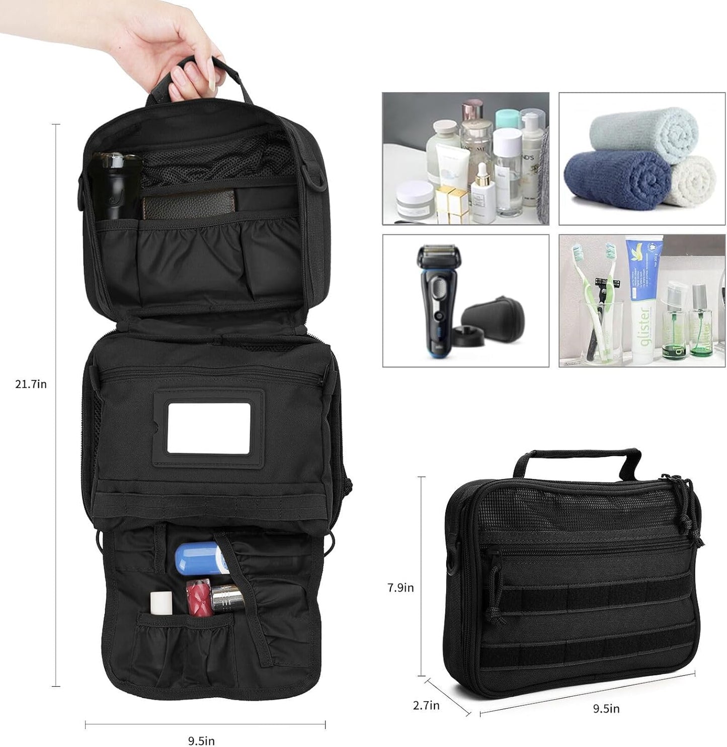 Travel Toiletry Bag for Men and Women, Hanging Travel Toiletries Organizer Dopp Kit, Toiletry Shaving Hygiene Bag, Durable Bathroom Essentials Men's Toiletry Bag for Short Trips & Camping - Black - Roamly