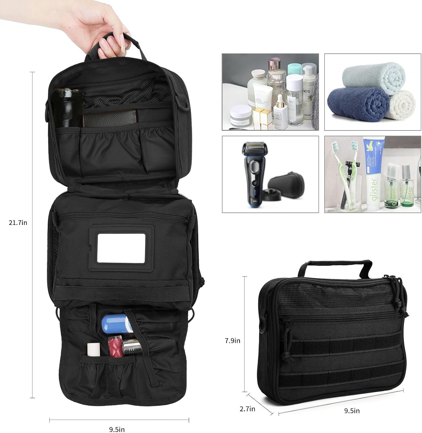 Travel Toiletry Bag for Men and Women, Hanging Travel Toiletries Organizer Dopp Kit, Toiletry Shaving Hygiene Bag, Durable Bathroom Essentials Men's Toiletry Bag for Short Trips & Camping - Black - Roamly