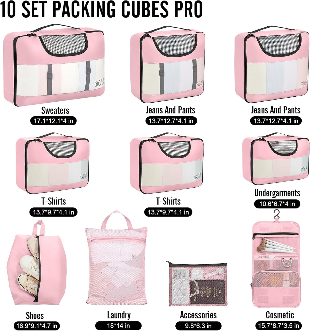 Veken 10 Set Packing Cubes for Travel Essential, Suitcase Organizer Bags in 4 Sizes, Carry-On Luggage Accessories with Large Laundry & Hanging Toiletry Bag, Must-Have for Airplane, Road Trip & Camping - Roamly