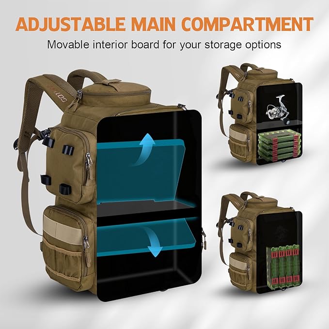 Goture Fishing Backpack, 58L 900D Water-Resistant Insulated Tackle Backpack with Cooler, Rod Holders, 8 Lure Pockets, Detachable Crossbody Bag, Gear Storage Large Fishing Bag for Camping Hiking