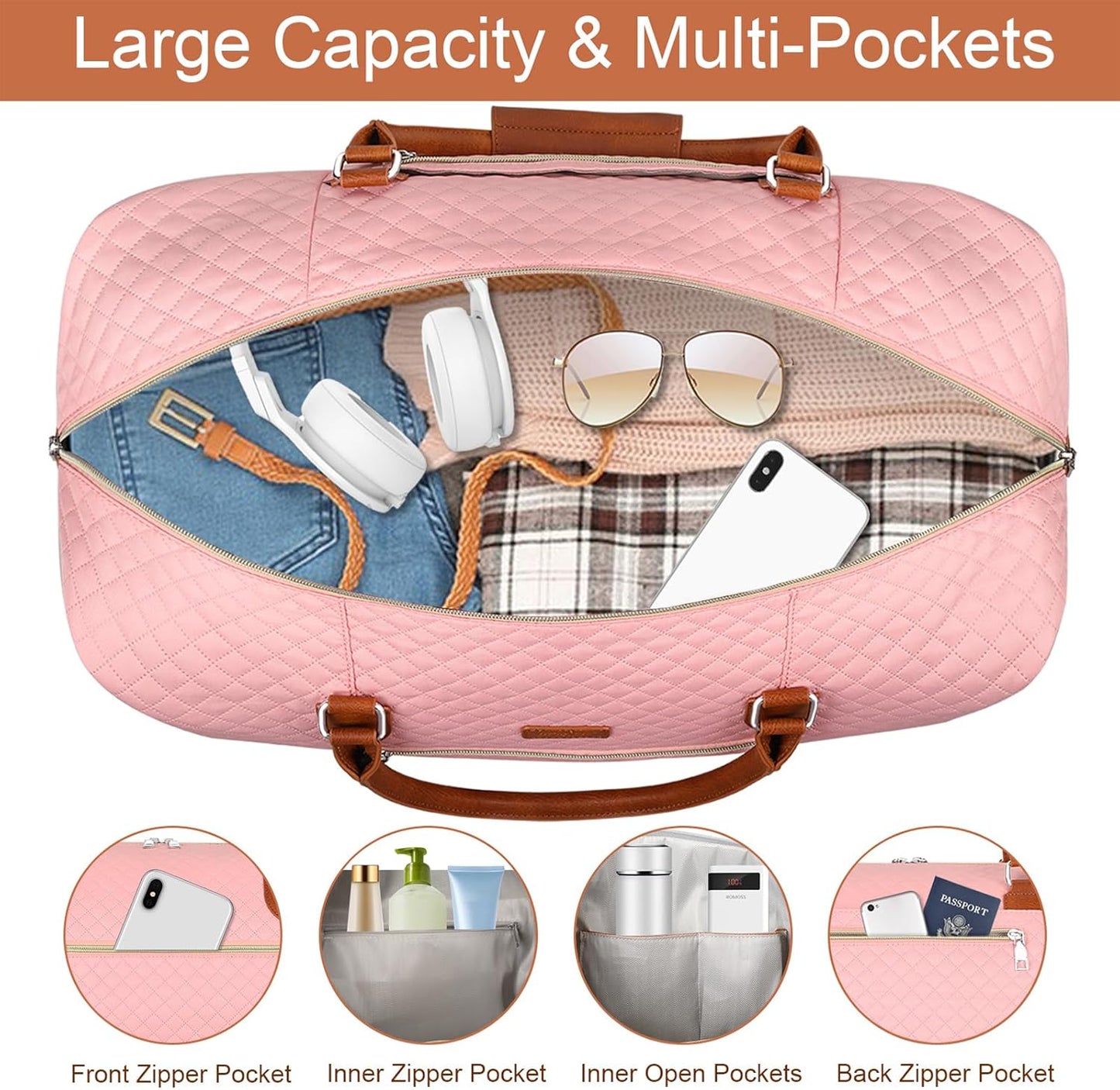 Weekender Bag for Women, Travel Duffel Bag Carry On Overnight Bag with Shoe Compartment Large Nylon Travel Weekend Tote Bag - Roamly