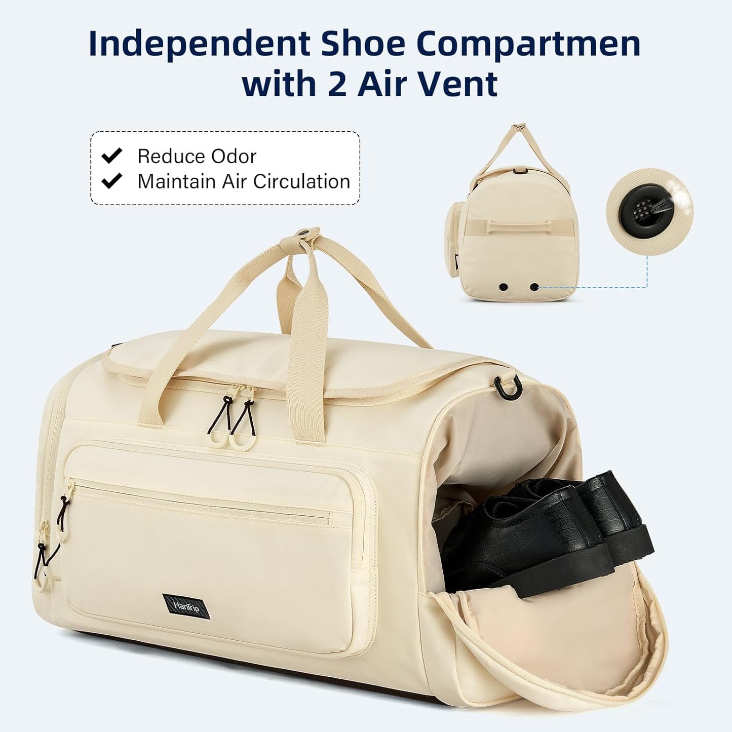 Large Travel Duffle Gym Bag with Shoe Compartment, Underseat Carry On Luggage Overnight Weekender Personal Item Workout Bags for Women Men (Offwhite) - Roamly