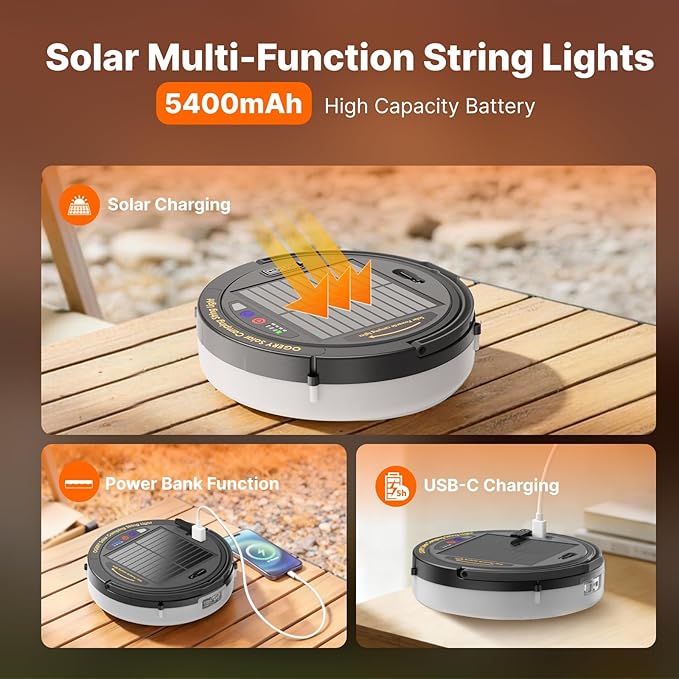 OGERY Solar Camping String Lights, 5400mAh/ 49.2FT/ 11 Modes Rechargeable Camping Lights Outdoor/Indoor, 4-in-1 Quick Storage Fairy Tent Lights Portable LED Lamp for Patio Yard Party Decor Essentials