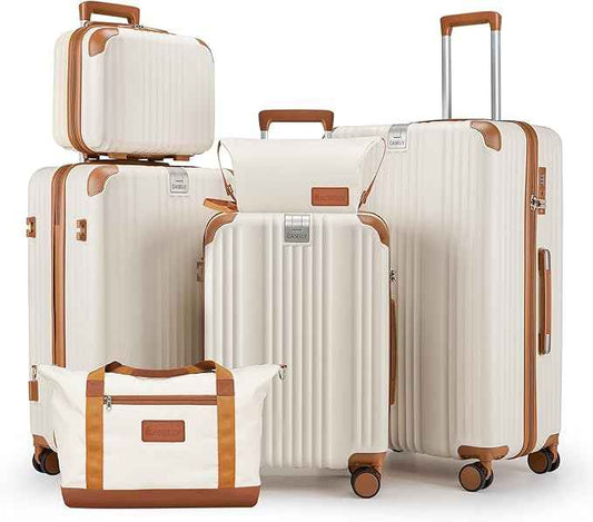 Luggage Set 6 Piece with Cup Holder,Hardshell TSA Lock Spinner Wheels Carry on Lightweight Suitcase，Hook and YKK Zippers for Valentine Gifts(Beige, 6 piece sets（14/20/24/28/DB/TB）)