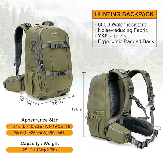 MOXULE Hunting Backpack Waterproof Pack: 25L Hunting Gear with Rain Cover,Hunting Day Pack with Rifle Bow Gun Holder (Green)